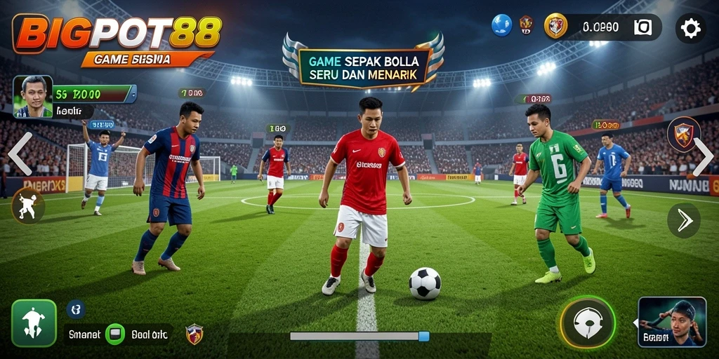 Screenshot menampilkan aksi seru dalam gameplay sepak bola.