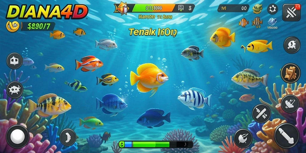 Tampilan gameplay DIANA4D saat memancing ikan dengan senjata.