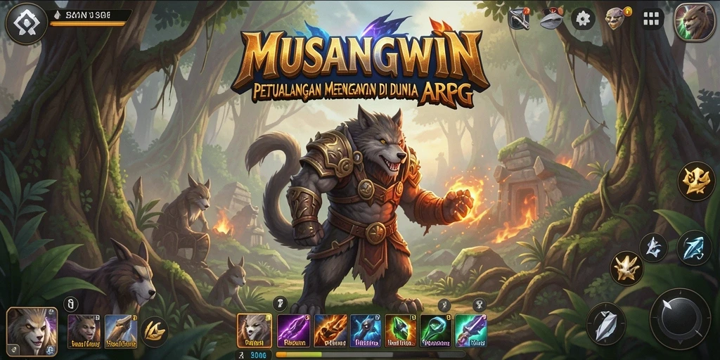 Screenshot utama MUSANGWIN menampilkan pertempuran seru dengan karakter unik.